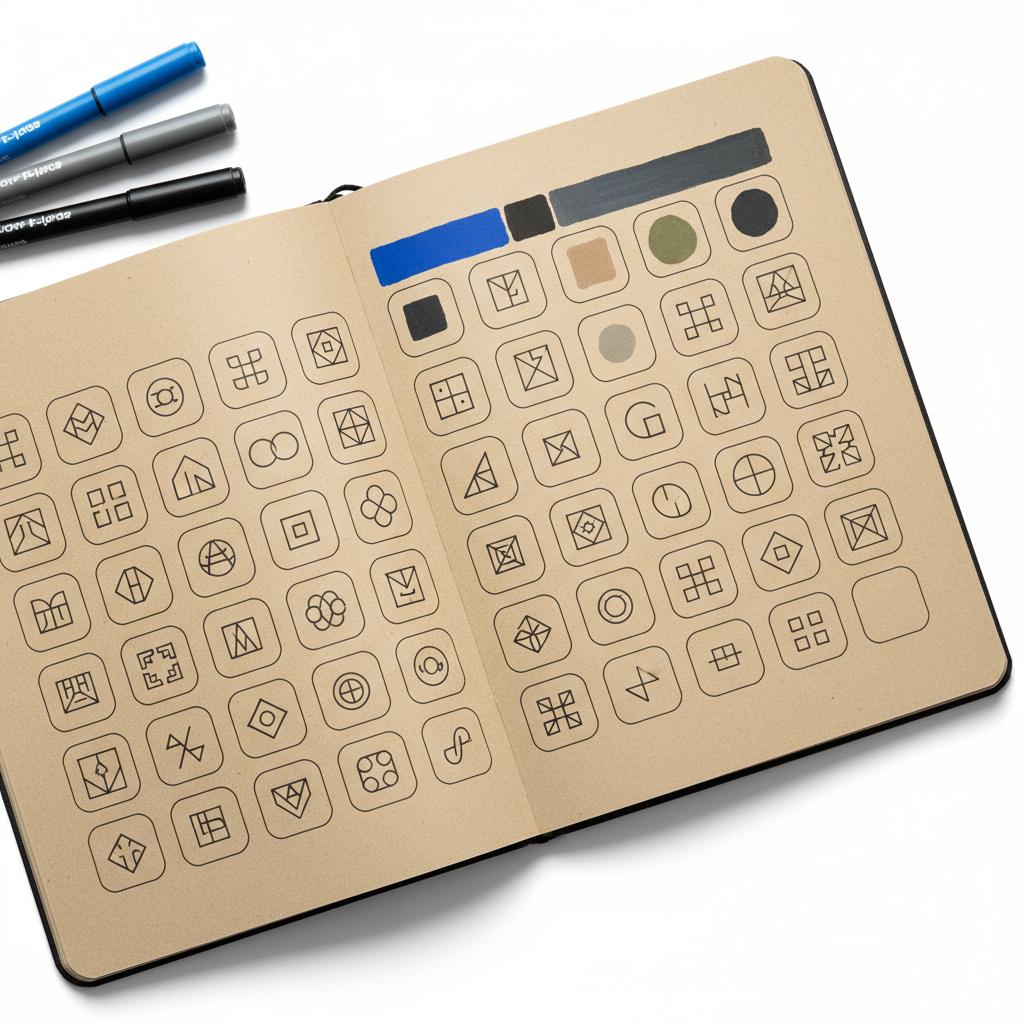 Close-up kraft-paper sketchbook with grid of logo thumbnails and color swatches for brand identity design, featuring accent blue #1a5bfb and deep neutral #39383f