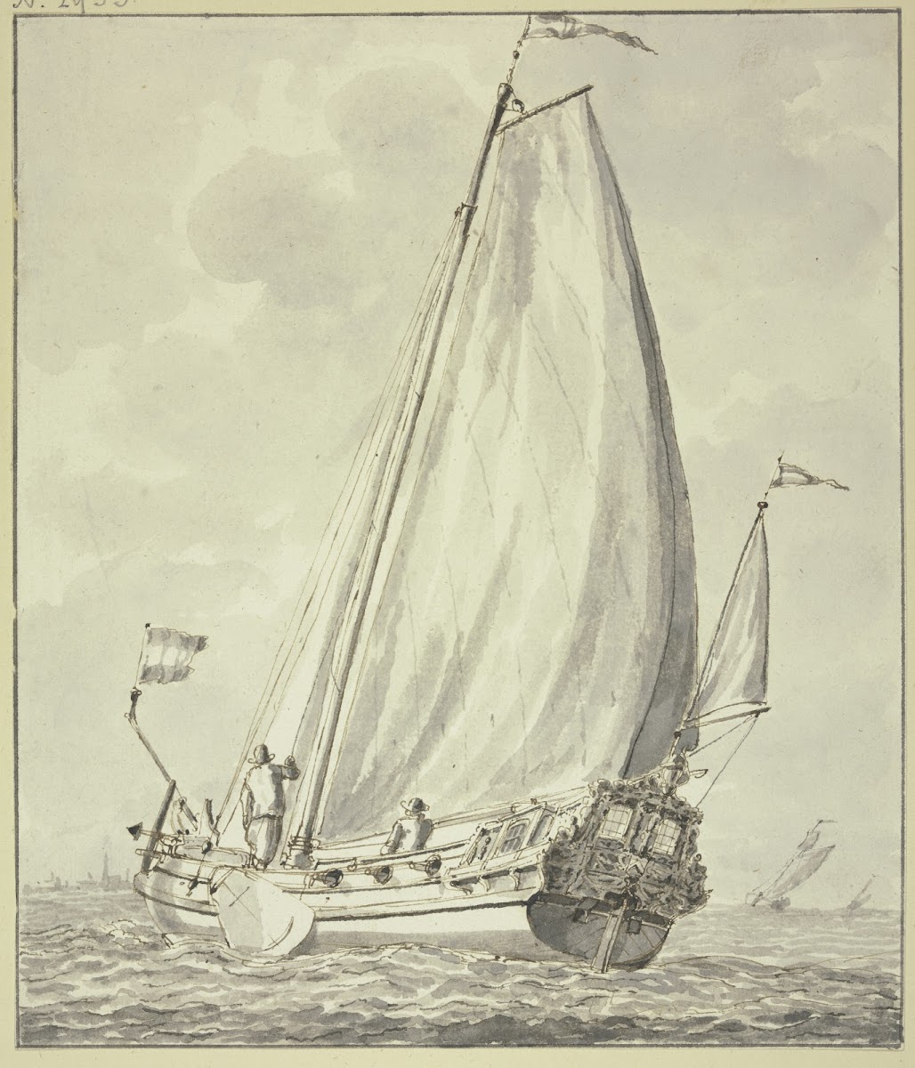 Boot mit zwei Mann nach links segelnd
