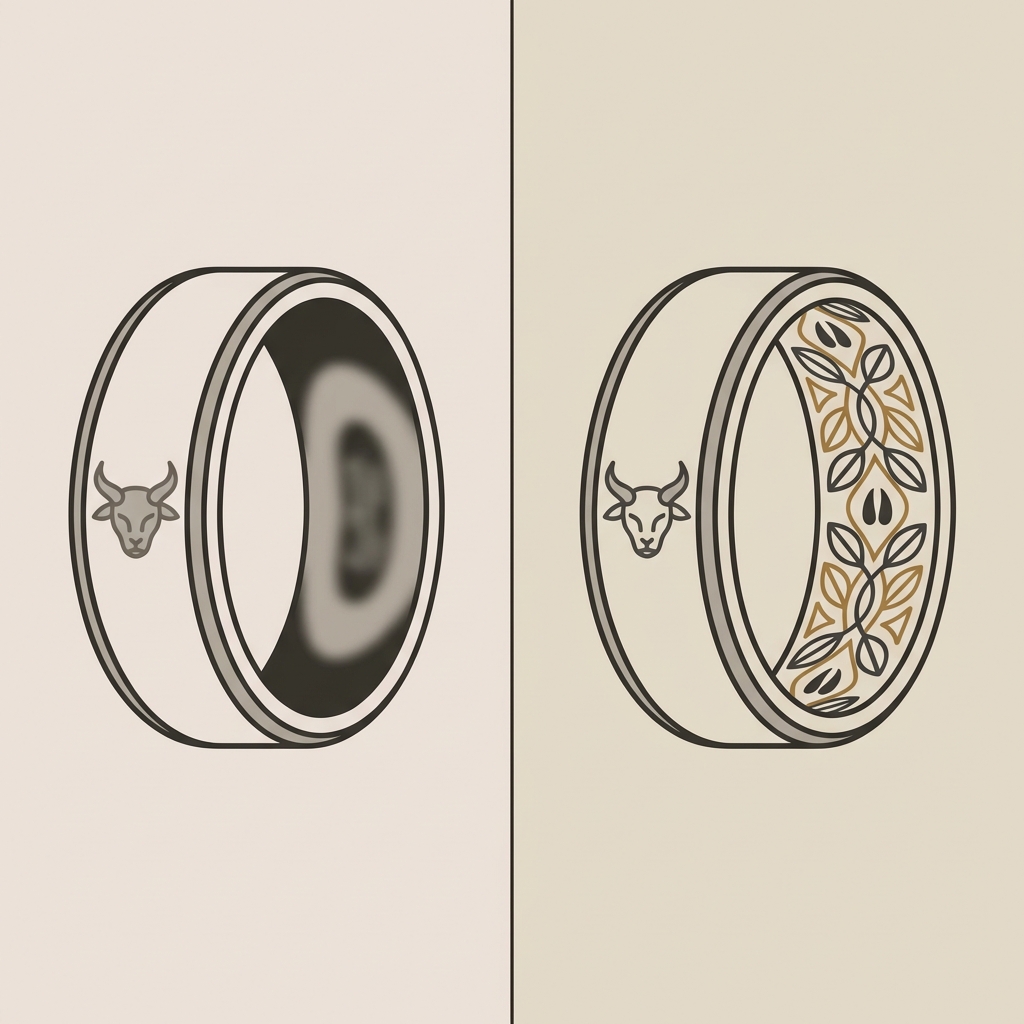Minimalist 2D vector split image of a faun engraved ring left with a blurred interior engraving and right with a discreet safe interior motif on background ede7da