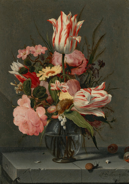 Flowers in a glass vase on a ledge 1627