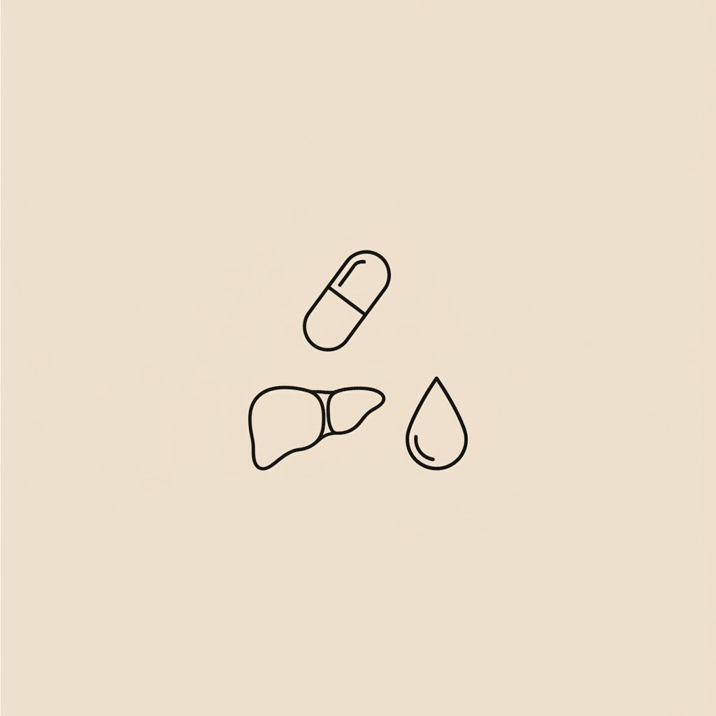 Minimal Tonum-style vector line illustration of a capsule, liver silhouette, and water droplet on beige background for alpha-lipoic acid detox