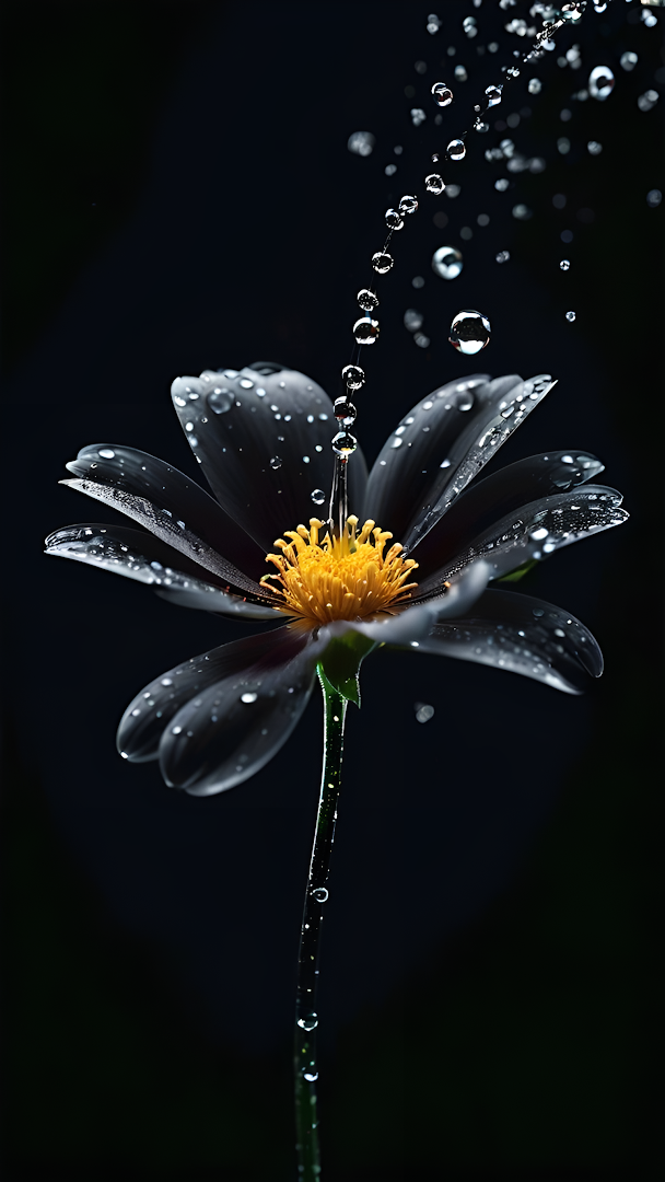 Black Flower with Water Droplets Against Dark Background
