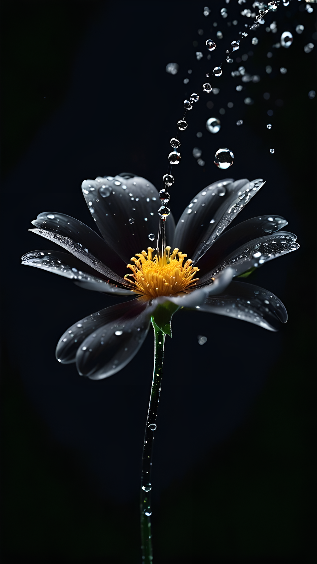 Black Flower with Water Droplets Against Dark Background - Free 4K mobile Wallpaper