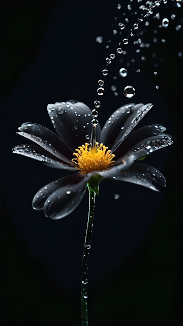 Black Flower with Water Droplets Against Dark Background - Free mobile Wallpaper