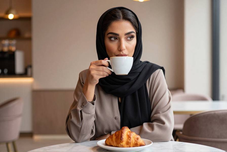 سيدة عربية في مقهى أنيق، تشرب القهوة بينما أمامها كرواسون واحد على طبق صغير، تظهر ملامح وجهها تعابير مدروسة كأنها تفكر في محتوى الطعام، خلفية المقهى دافئة ومضاءة بهدوء.