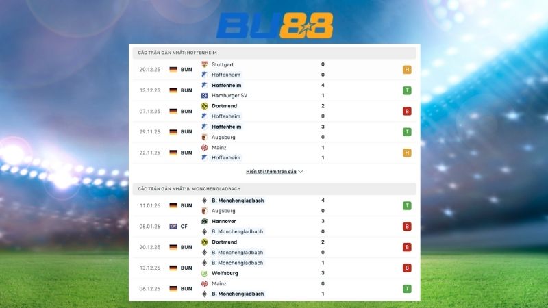 Phong độ gần đây giữa Hoffenheim vs Borussia Monchengladbach
