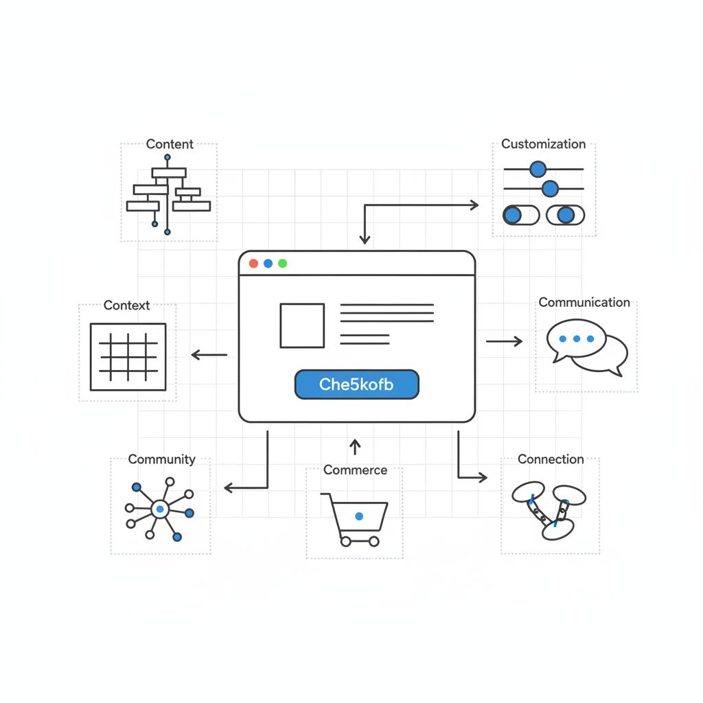 Minimalist 2D vector browser mockup with product card and checkout button, surrounded by sketch icons representing the 7 Cs of a website on a white background.