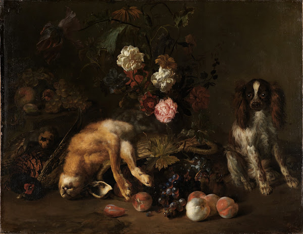 Still life with hunted game flowers fruit and a spaniel ca 1680