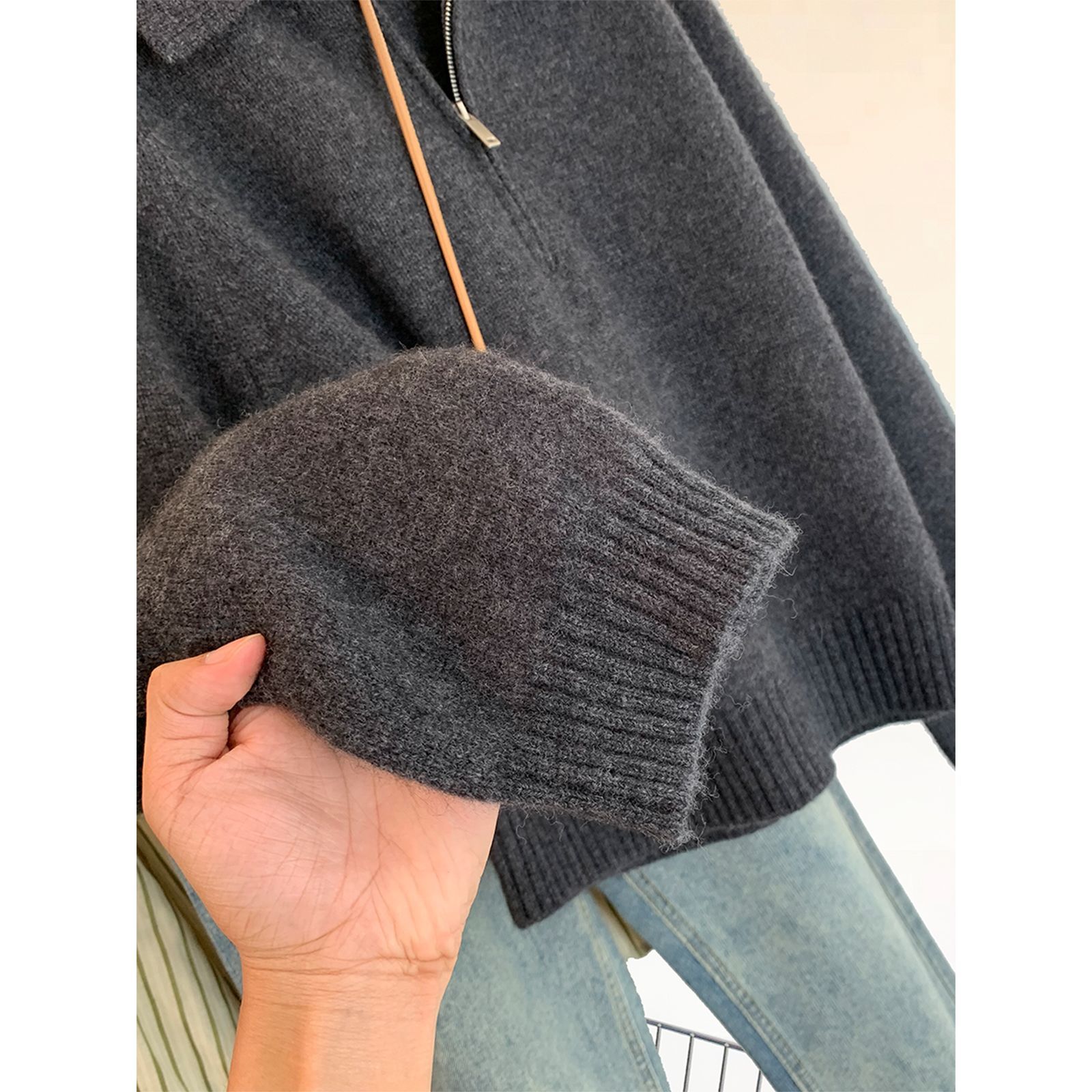 Damen-Strickpullover mit Polo-Kragen und Reißverschluss