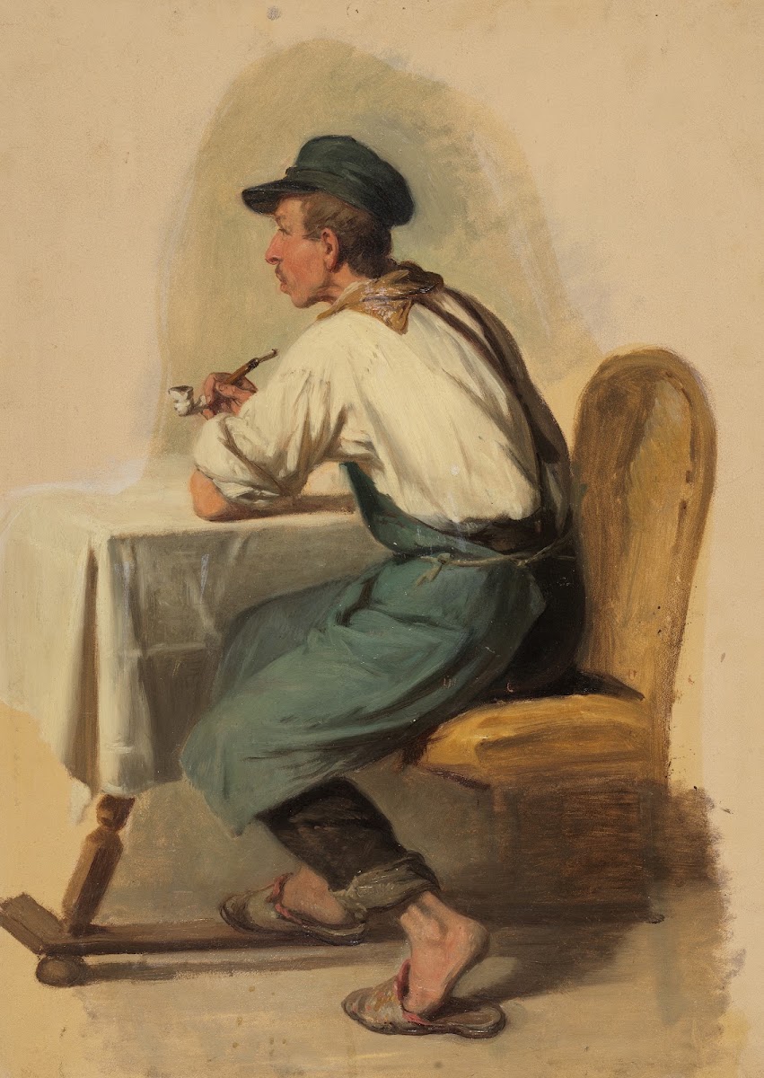 Junger Handwerker mit Pfeife und Schirmmütze am Tisch sitzend ca 1850