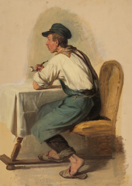 Junger Handwerker mit Pfeife und Schirmmütze am Tisch sitzend ca 1850