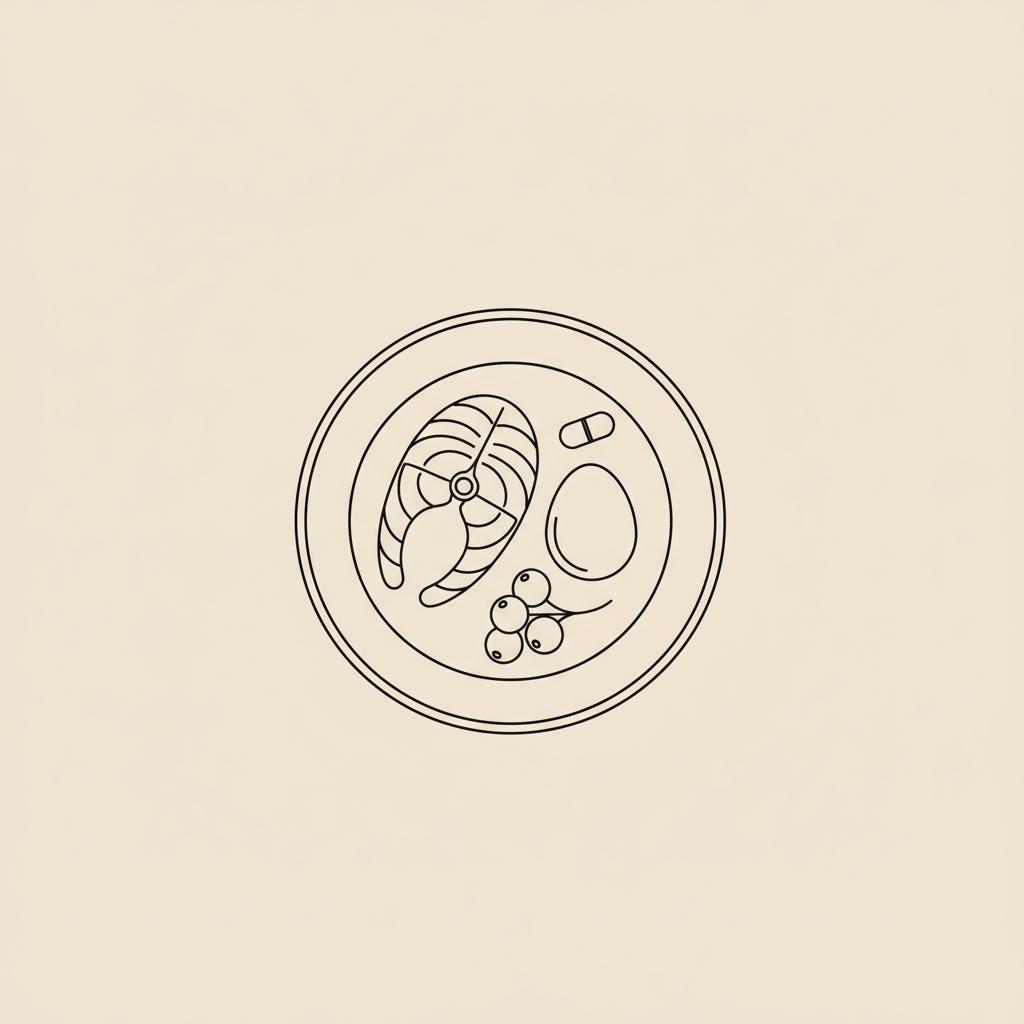 Minimal Tonum-style line illustration of a plate with a fish, an egg, berries and a small capsule on beige background representing how to lower insulin resistance quickly
