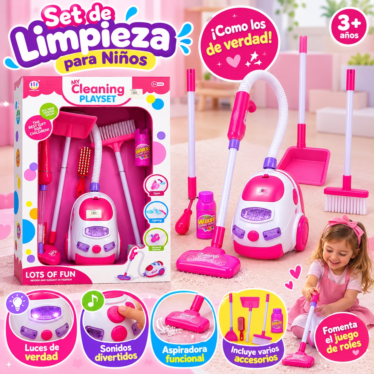 Set de limpieza de juguete con aspiradora con luces y sonidos