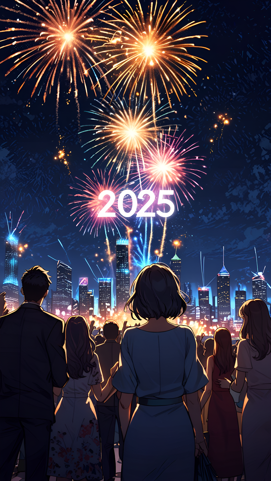 Crowd Watches 2025 Fireworks Over City Skyline - Free 4K mobile Wallpaper
