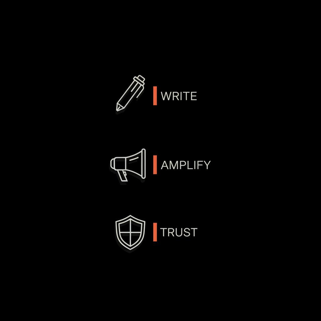 Minimal vertical infographic with three icons (pen, megaphone, shield), short labels and red accent bars on black background for Forbes contributors