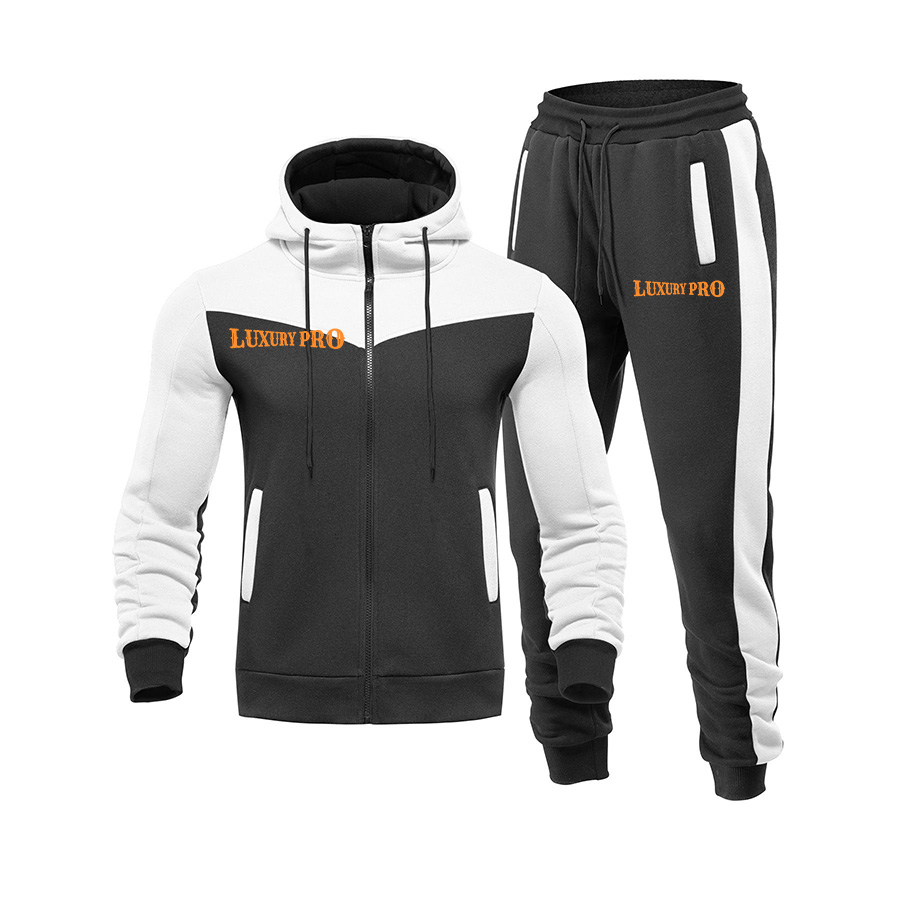2D Spliced Hooded Zip Up Sweatshirt + Sports Cuffed Jogger Pants