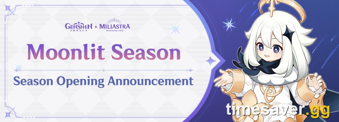 Official Genshin Impact in-game notice banner for the Moonlit Season Season Opening Announcement, which promotes the Miliastra Wonderland mode inside Genshin Impact, with Paimon in a white and gold outfit