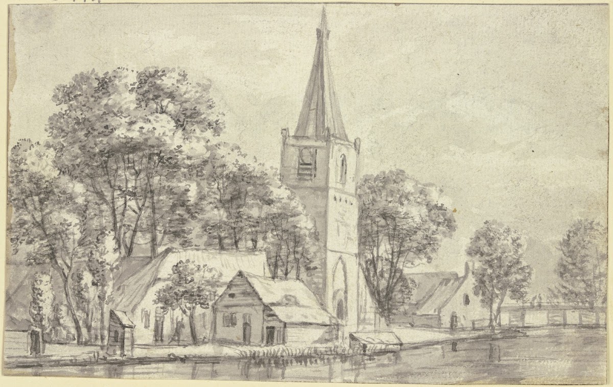 Dorfkirche unter Bäumen am Kanal