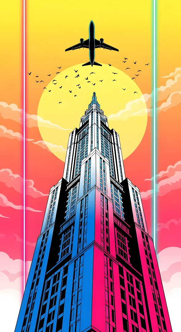 Neon Skyscraper Sunset in Synthwave Cityscape Illustration