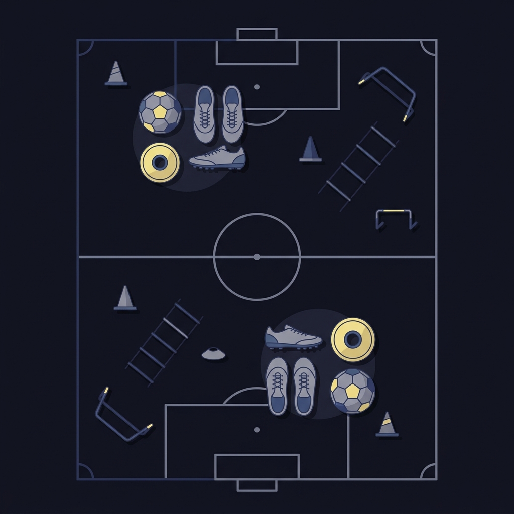 Minimalist 2D vector overhead of a practice field with two equipment clusters highlighting two player zones in muted Funded Plays palette pga championship favorites