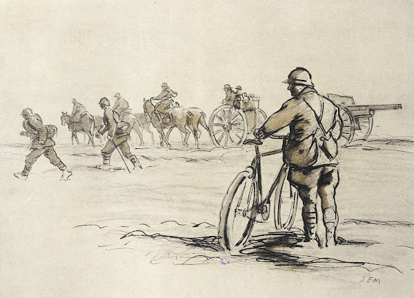 Soldat à bicyclette regardant passer un convoi 1917 1918