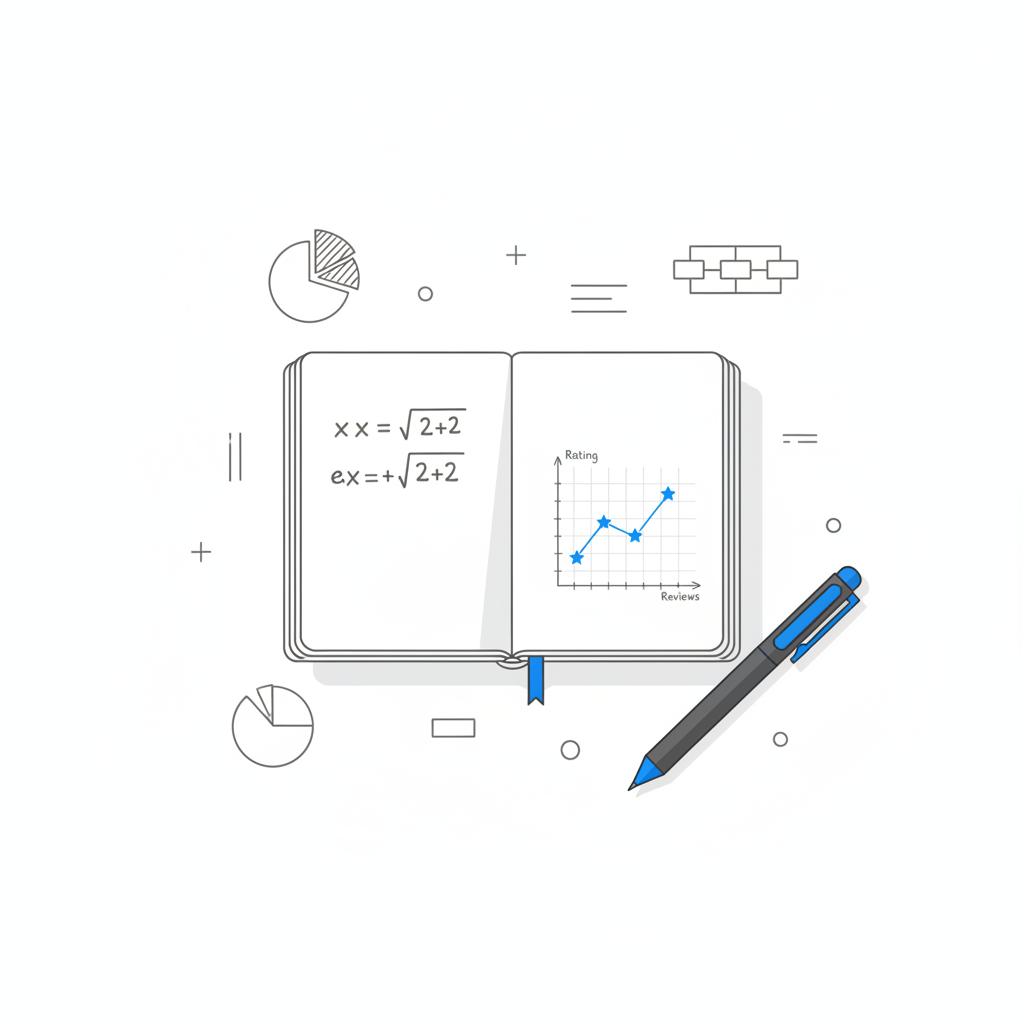 Minimalist 2D vector flatlay of an open notebook with formula sketches, sample calculations and a rating vs reviews chart highlighted in brand blue, depicting five star reviews analysis