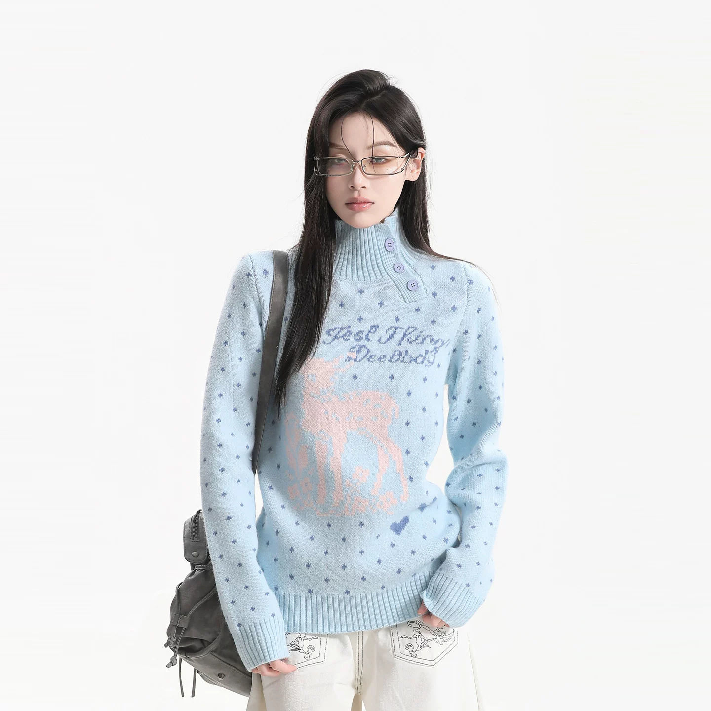 American knitted sweater with snowflake jacquard