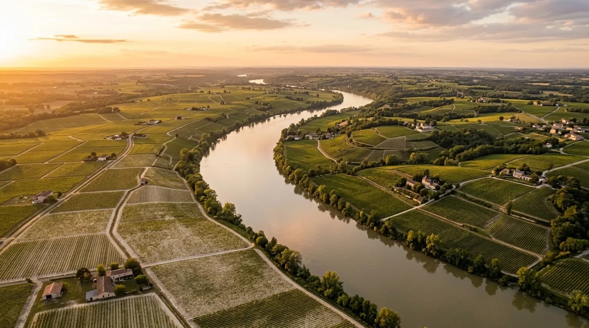 Aerial view illustrating the landscape divide in left bank right bank Bordeaux wine regions