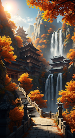Autumn Temple Waterfall View