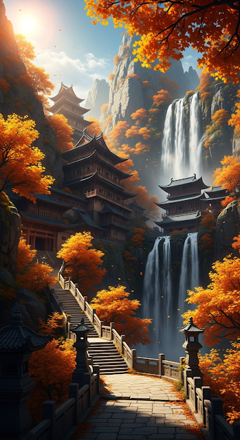 Fantasy Illustration of a Traditional Asian Temple on a Cliff with Waterfall and Autumn Foliage - Free mobile Wallpaper