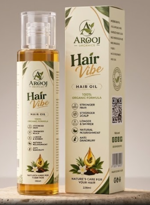 Arooj Organics Hair Vibe 100% Organic Hair Oil Bottle and Box