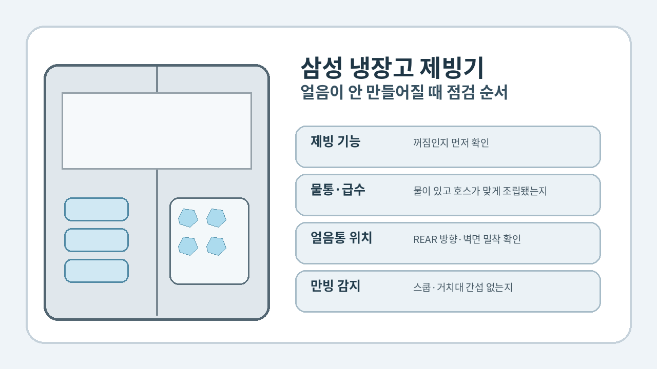 삼성 냉장고
제빙기에서 얼음이 만들어지지 않을 때 제빙 설정과 물통을 점검하는 대표 이미지
