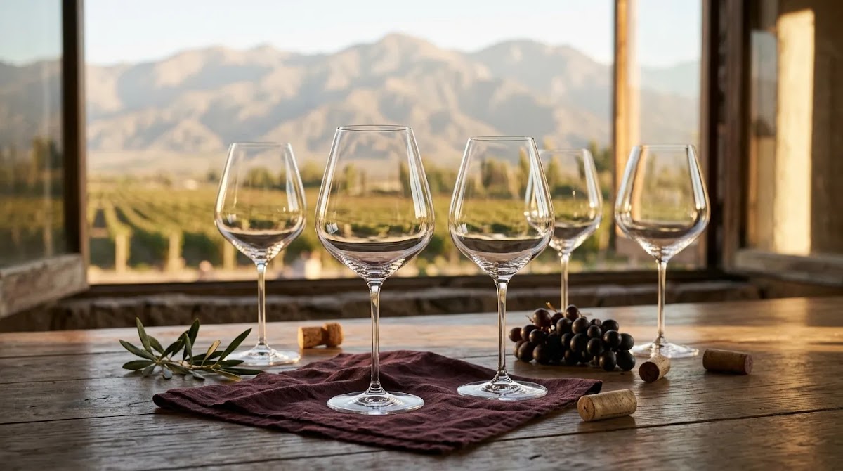 Best South American red wine Hong Kong editorial table setting with elegant empty glasses and warm vineyard-inspired textures
