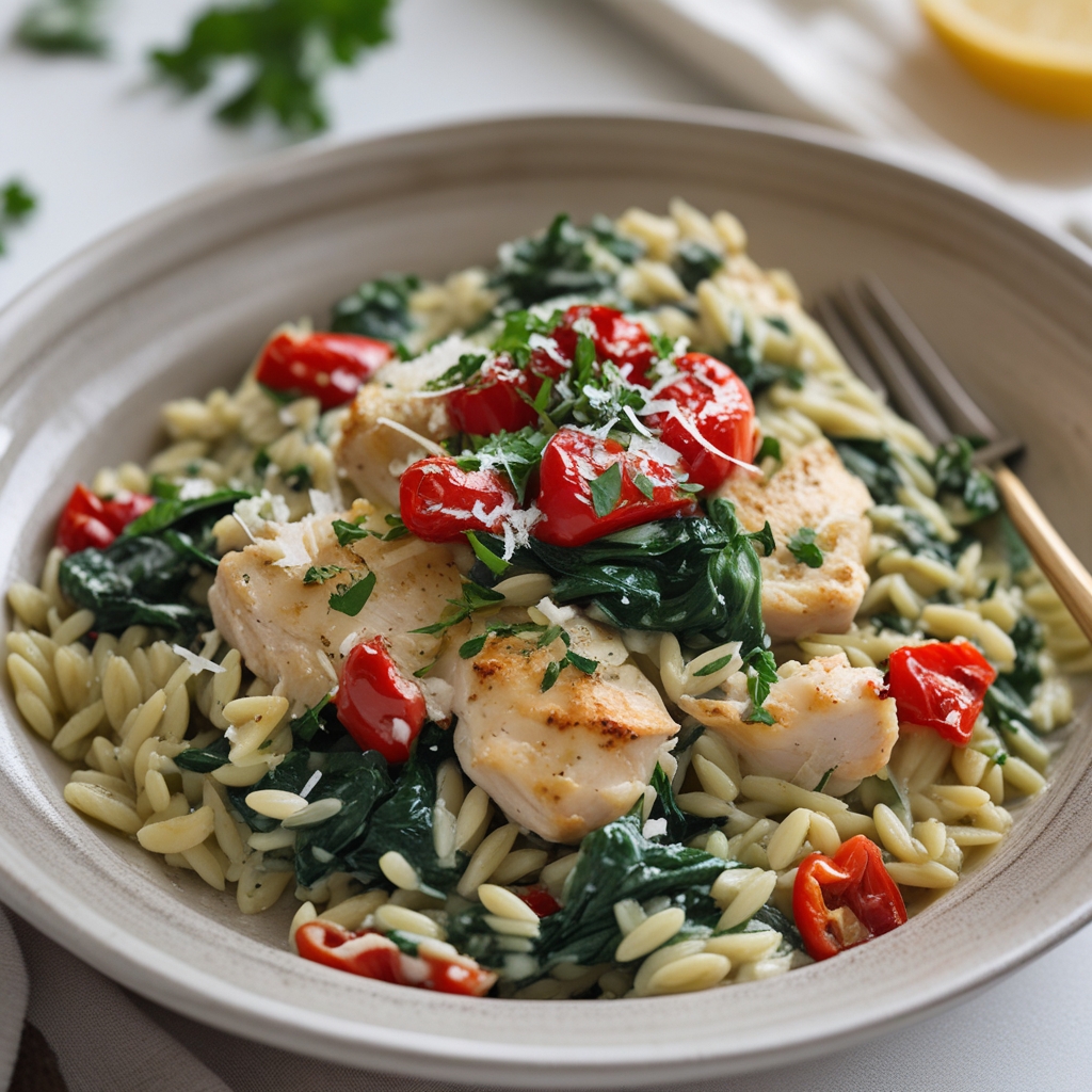 Final Creamy Roasted Red Pepper & Spinach Orzo Bake with Chicken