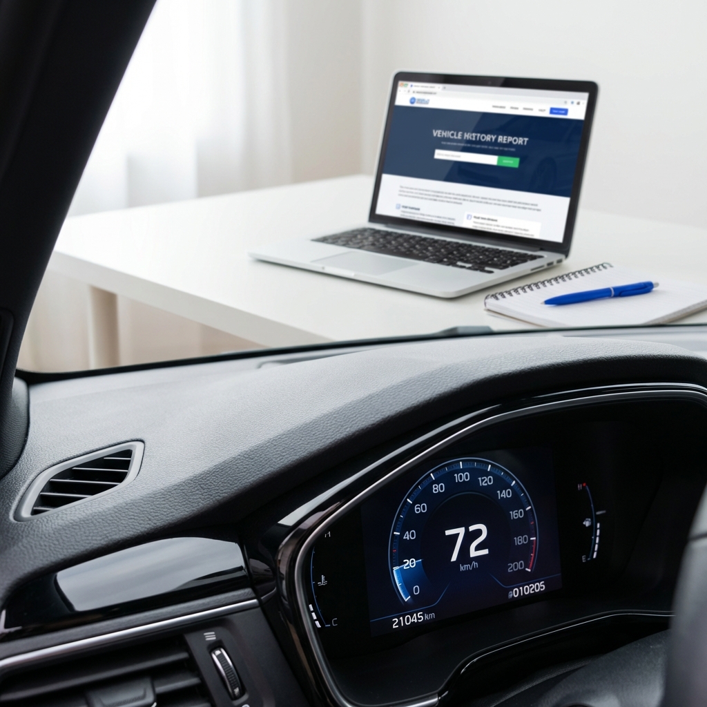 Close up of a car dashboard and odometer with a vehicle history report and laptop in background, subtle blue 3666ed notebook accent, realistic clean layout buy a car now