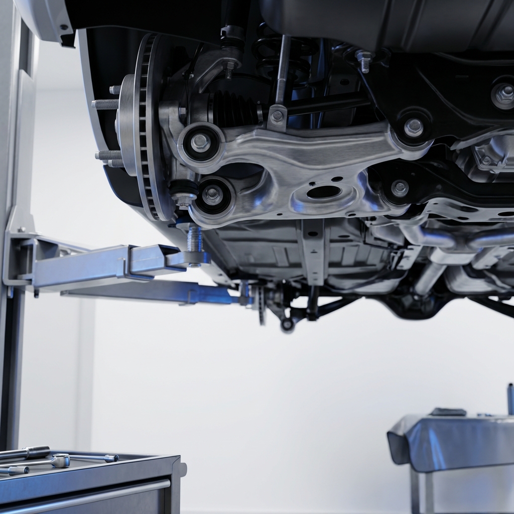 Close up of Chevrolet undercarriage and suspension on a lift in a clean white garage showing rust free chassis and components with subtle 3666ed brand accents Chevy vehicle lifespan