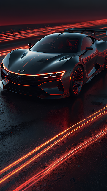 Futuristic Black Sports Car Neon Red Light Trails Night - Free mobile Wallpaper