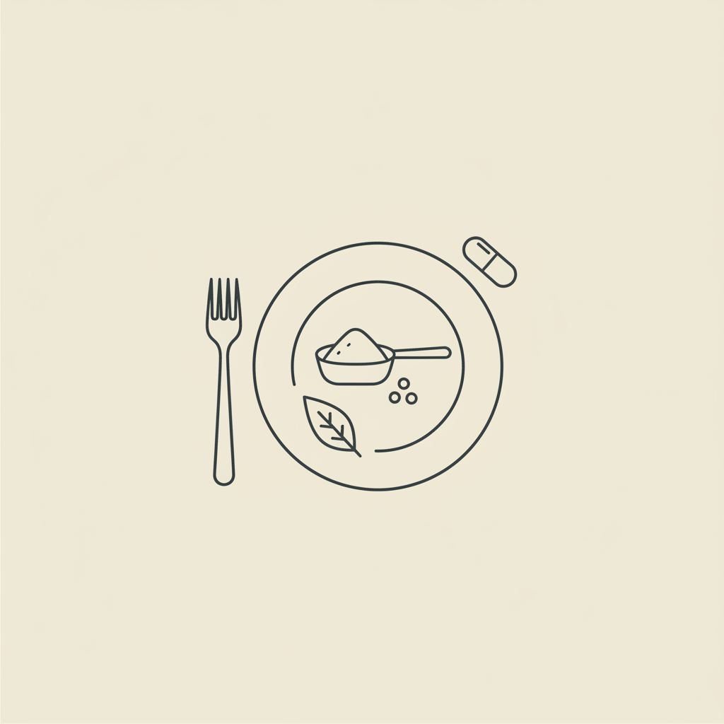 Minimalist line illustration of a plate with a fork, a scoop of protein powder, a capsule silhouette and a leaf on beige background — protein powder for losing belly fat