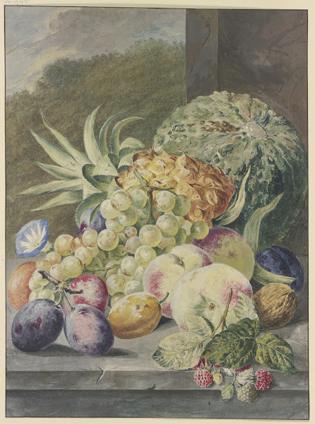 Fruchtstück Melone Ananas Trauben Pfirsiche Pflaumen Nüsse