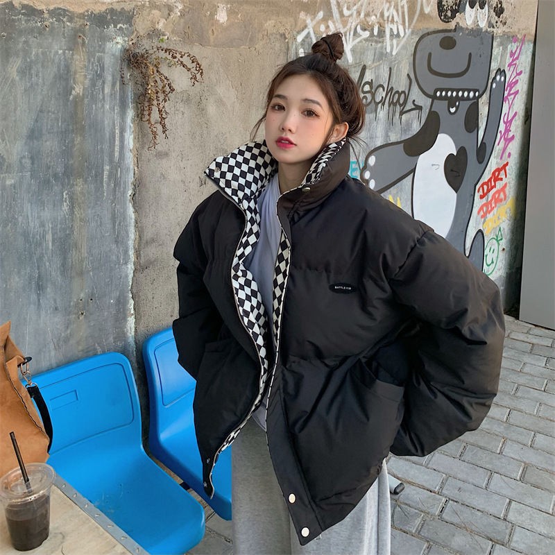 Short women's puffer jacket with stand-up collar