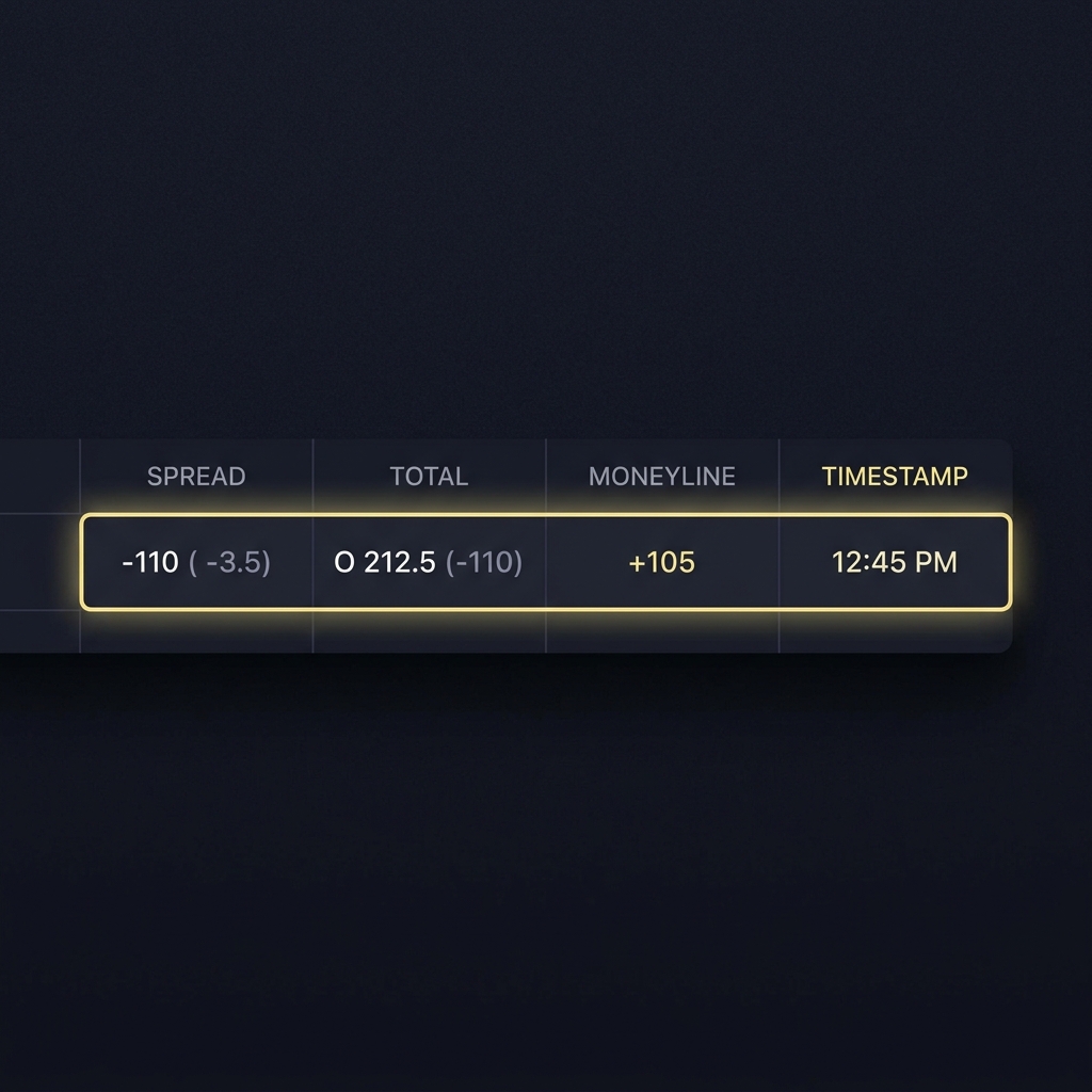 Minimalist live odds screenshot focused on timestamp and spread columns with georgia auburn point spread highlighted in Funded Plays dark UI and yellow accent