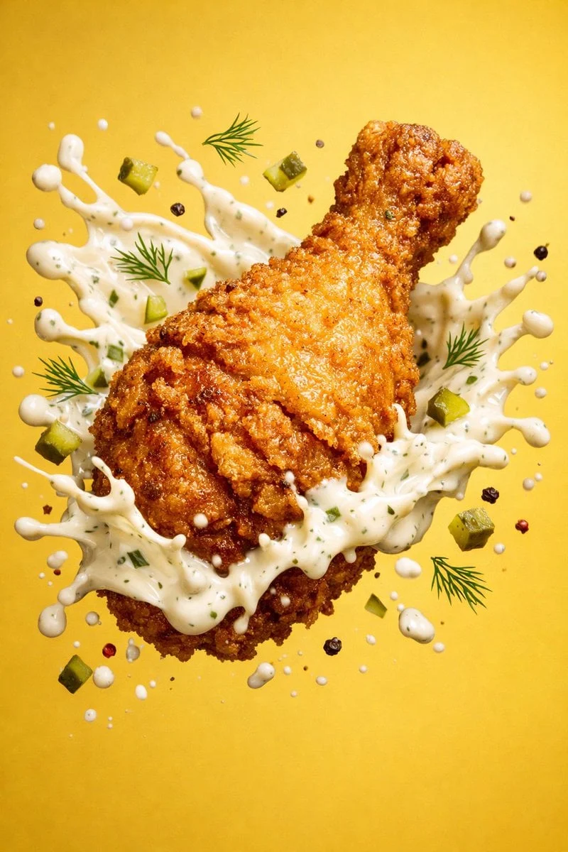 Escena épica de comida fantástica en 8K: una colosal pata de pollo frita y crujiente que se alza como un artefacto legendario...