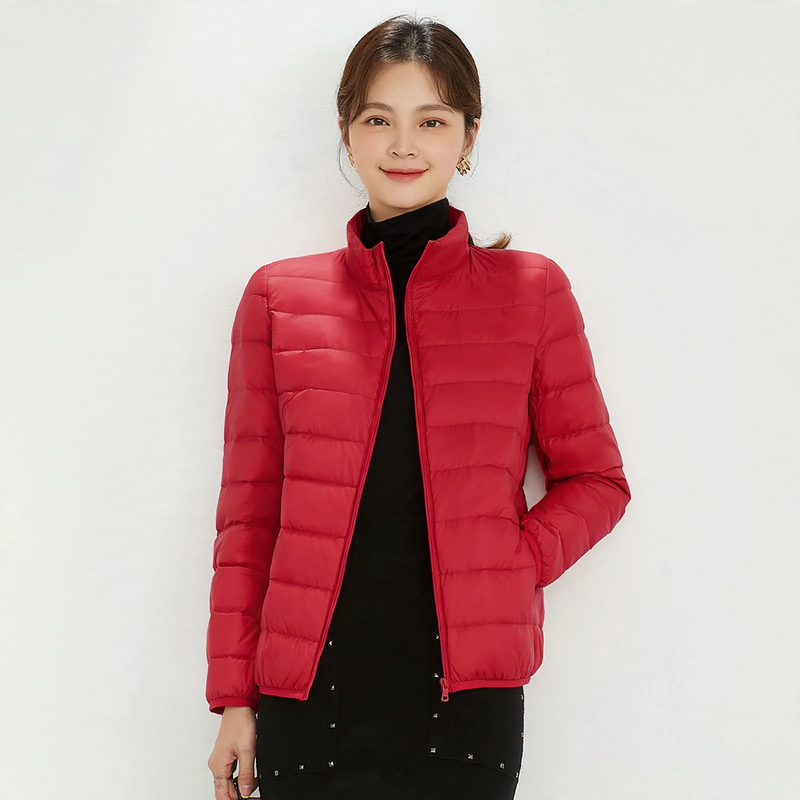 Lightweight women's down jacket with stand-up collar, white duck down
