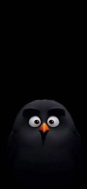 Cartoon Black Bird with Big Eyes on Black - Free mobile Wallpaper