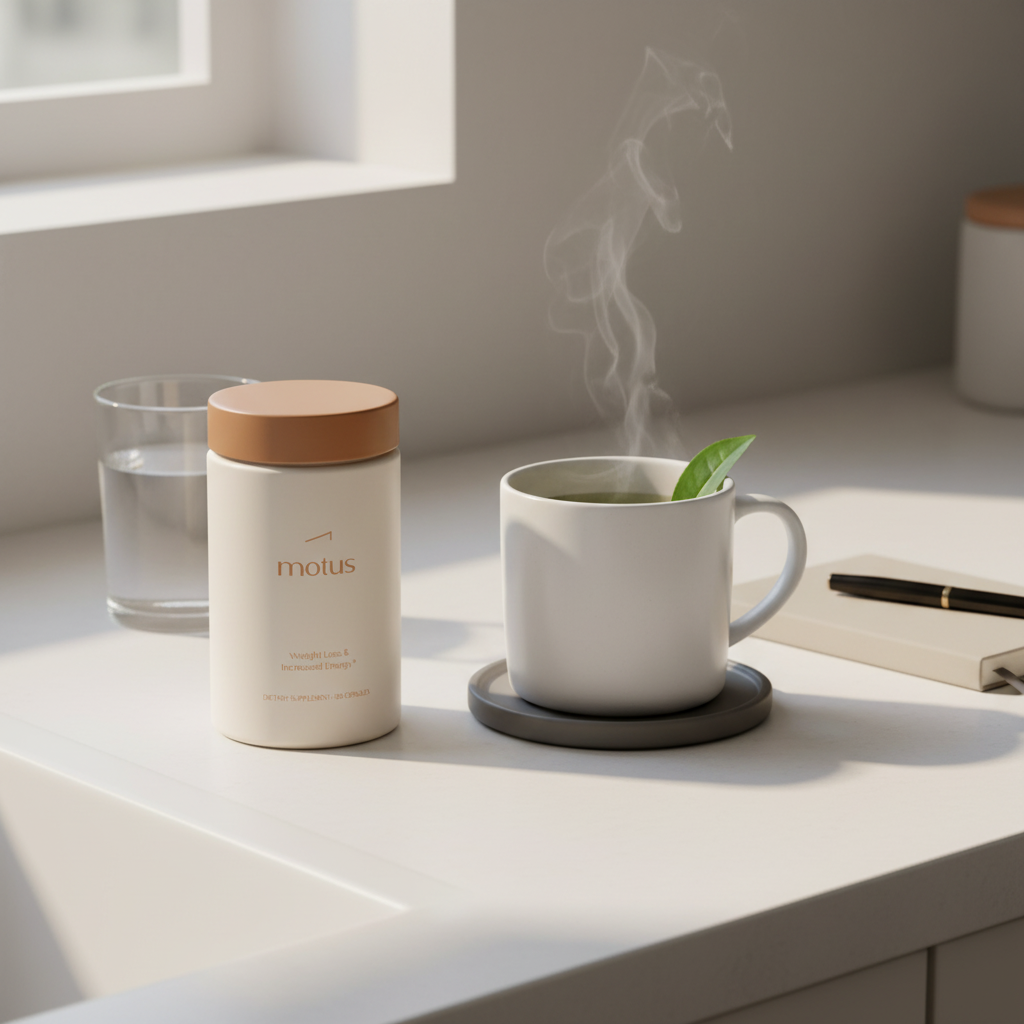 Tonum Motus supplement jar beside a brewing cup of green tea and a notebook on a tidy kitchen counter, minimalist lifestyle scene for green tea weight loss pills