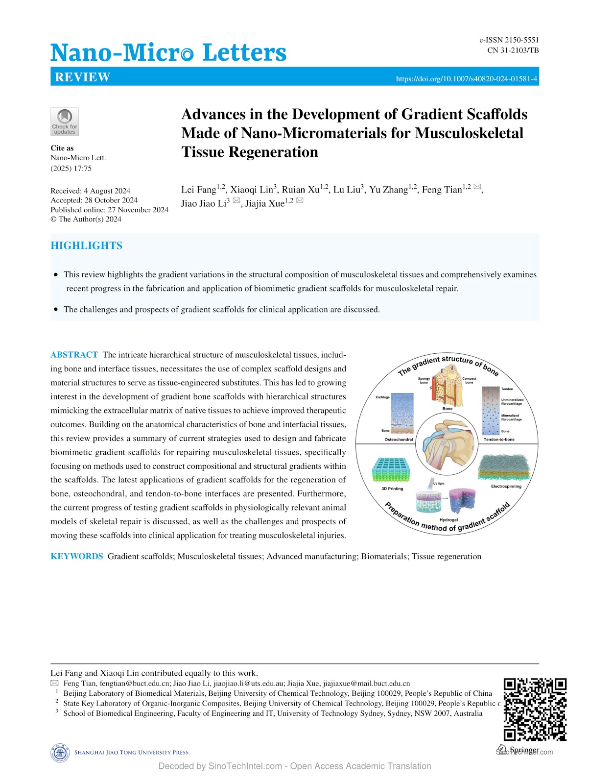 Advances in the Development of Gradient Scaffolds Made of Nano-Micromaterials for Musculoskeletal Tissue Regeneration