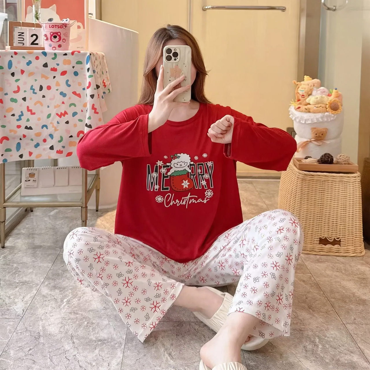 Women's Christmas Pajama, long-sleeved, with reindeer motif