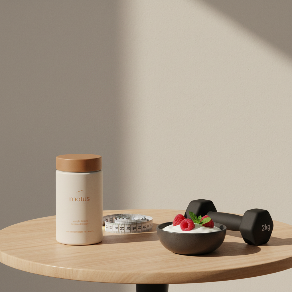 Motus supplement jar on a round wooden table with a measuring tape, bowl of yogurt with berries and a small dumbbell — minimalist wellness scene for how to reduce mens tummy fat