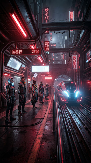Futuristic Cyberpunk Subway Station with Commuters - Free mobile Wallpaper