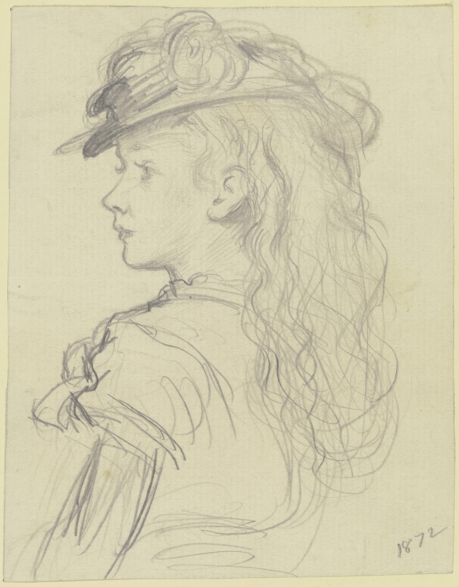 Mädchen in Dreiviertelfigur nach links mit offenem Haar und Hut 1872
